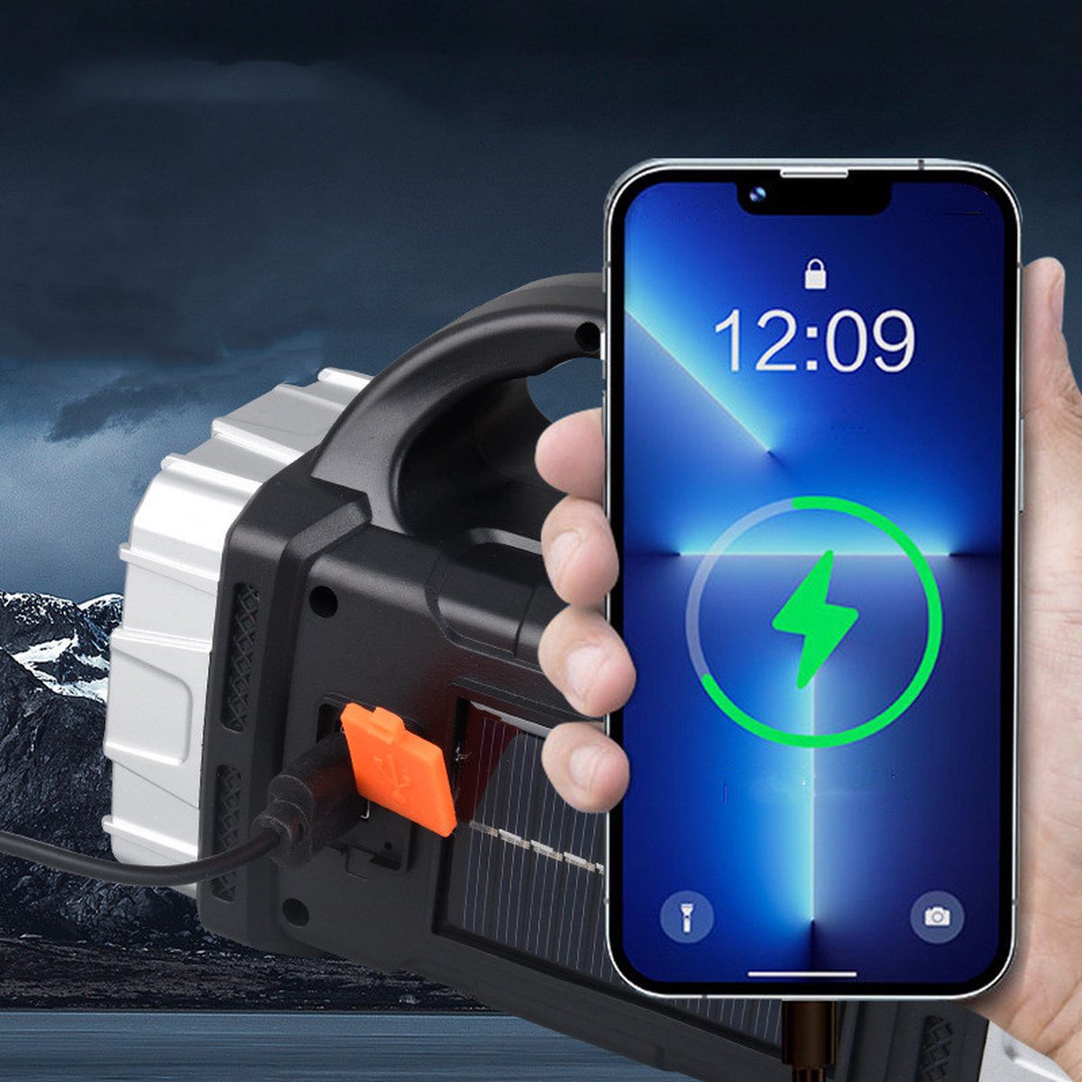 Multifunctionele LED zaklamp met Rood en Blauw Waarschuwingslicht- Perfect voor Outdoor, Kamperen, Wandelen - 1500mAh, 100m Bereik, Solar & USB Oplaadbaar-zwart/zilver — cadeau in Sport & Outdoor - foto 2