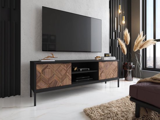 Tv-meubel met 2 lades en 2 nissen - Zwart en donker naturel - MIALINE L 160 cm x H 56 cm x D 39.6 cm