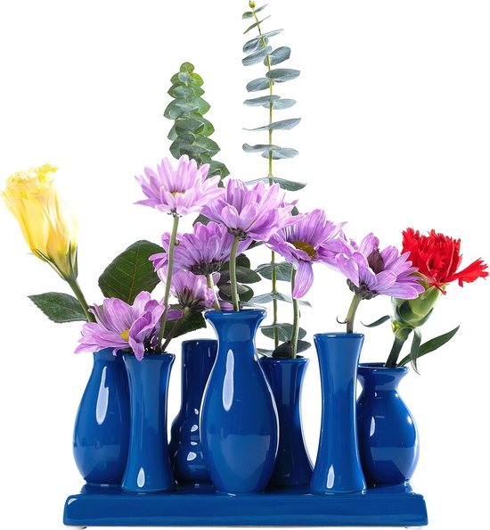 Handgemaakte keramische decoratieve bloemenvazen set van 7 mini-vazen in blauw