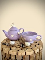 Théière avec tasse lapin violet/blanc en céramique 13 cm de haut - service à thé - tasse - théière - collection printemps - Pasen - printemps - anniversaire - cadeau - cadeau - fête des mères - fête des pères - Noël - Nouvel An