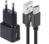 Snellader + Gevlochten USB C Kabel - 15W Snellaadfunctie - Gecertificeerde USB Adapter + USB-C Oplader - Zwart