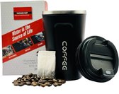SpinOff Koffiebeker - RVS - Koffiebekers to go - Koffie reisbeker - Theebeker - Travel mug - Thermosbeker - 380ml - Zwart