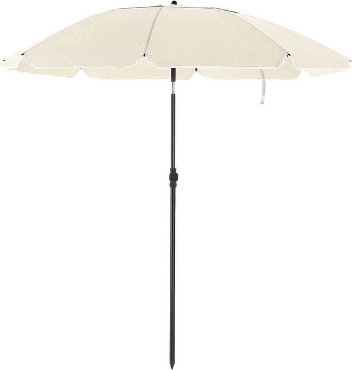 Beige 2.2 m parasol voor buiten met strepenpatroon en houten structuur, perfect voor tuin of strand.
