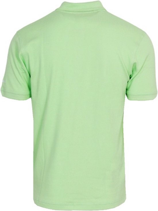 Lichtgroen poloshirt met korte mouwen, de achterkant is te zien.