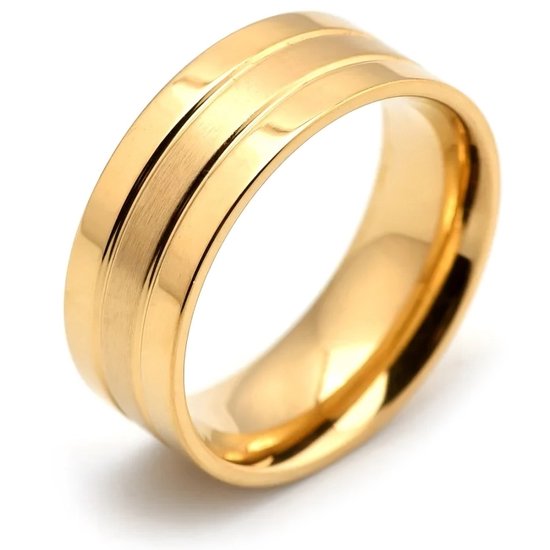 Ring Heren Goud Kleurig met Dubbele Streep - Staal - Ringen Mannen - Cadeau voor Man - Mannen Cadeautjes