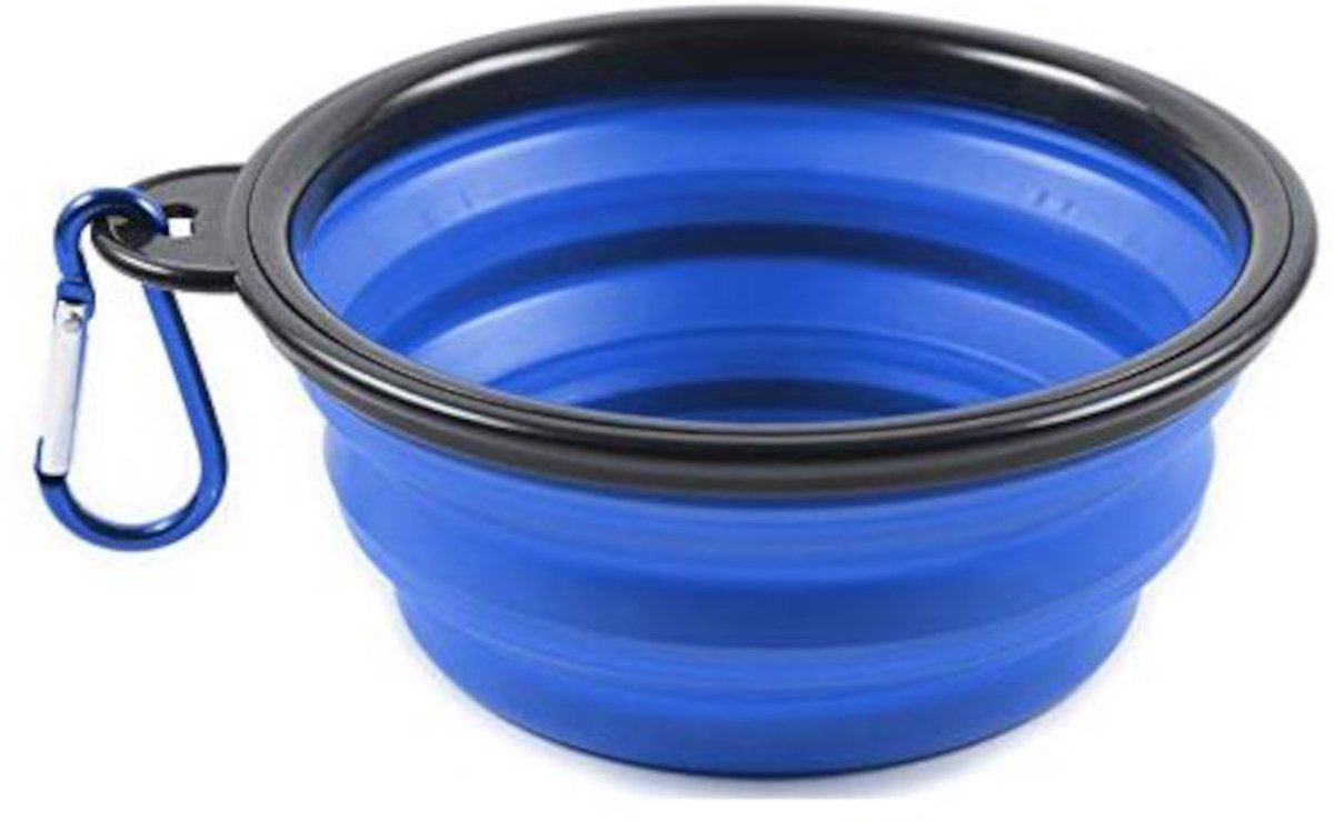 Bol.com Siliconen Opvouwbare Drinkbak / Voerbak / Reisbak - 13 x 5,5 cm - 450 ml - Blauw - Met Karabijnhaak aanbieding