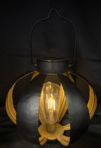 Metalen solarlamp lantaarn met bulb led- zwart + goud - tafel model / hangend model - hoogte 30 x 22 x 7 cm - Tuindecoratie - Tuinverlichting