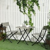 3e. Ratten balkon meubelset, bistro set met 2 vouwstoelen, vouwtafel, tuinmeubelset, zitgroep, zitplaatsen, metaal, lichtgrijs