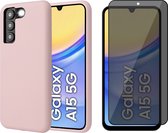 Hoesje geschikt voor Samsung Galaxy A15 - Privacy Screenprotector Volledig Dekkend Glas - Mat Back Case Roze
