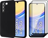 Hoesje geschikt voor Samsung Galaxy A15 - 2x Screenprotector Volledig Dekkend Glas - Mat Back Case Zwart