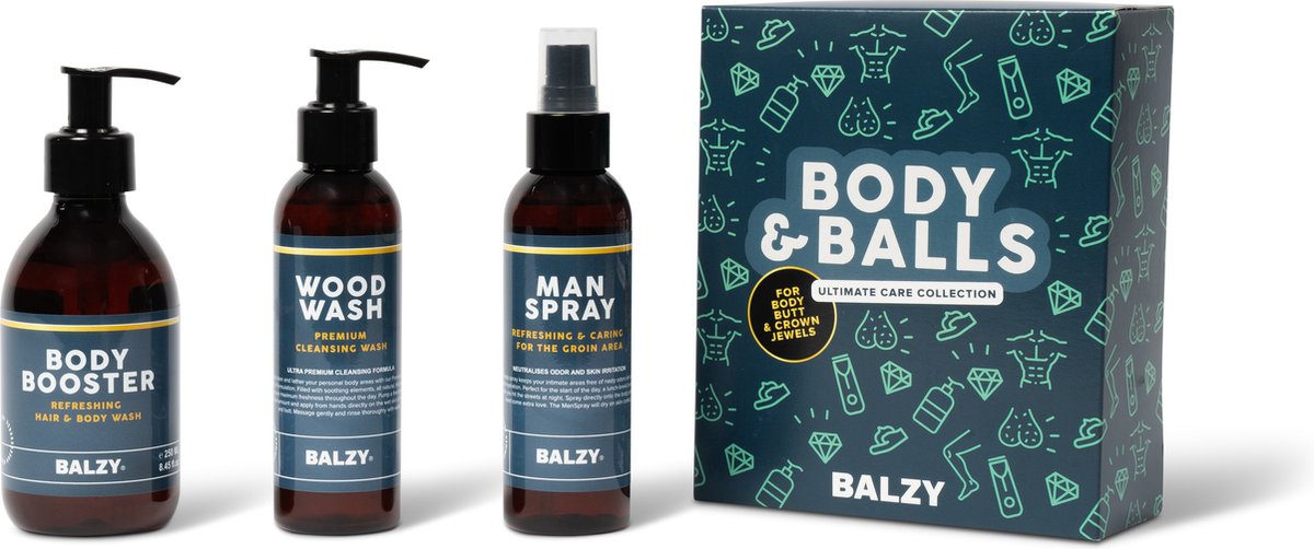 Balzy Body & Balls Collection – Complete Body Care Set – ManSpray – WoodWash – BodyBooster – Vaderdag Cadeau