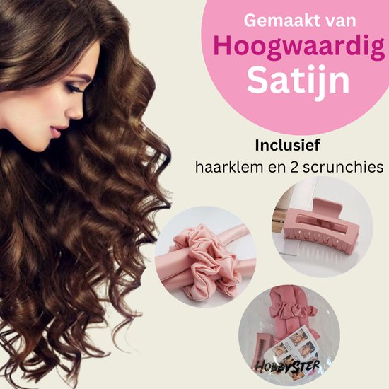 Heatless Curls - Haar Rollers - Krulspelden - Haarkruller - Krul Rollers - Incl. 2 Scrunchies & Haarklem - Satijn - Roze - HobbySter