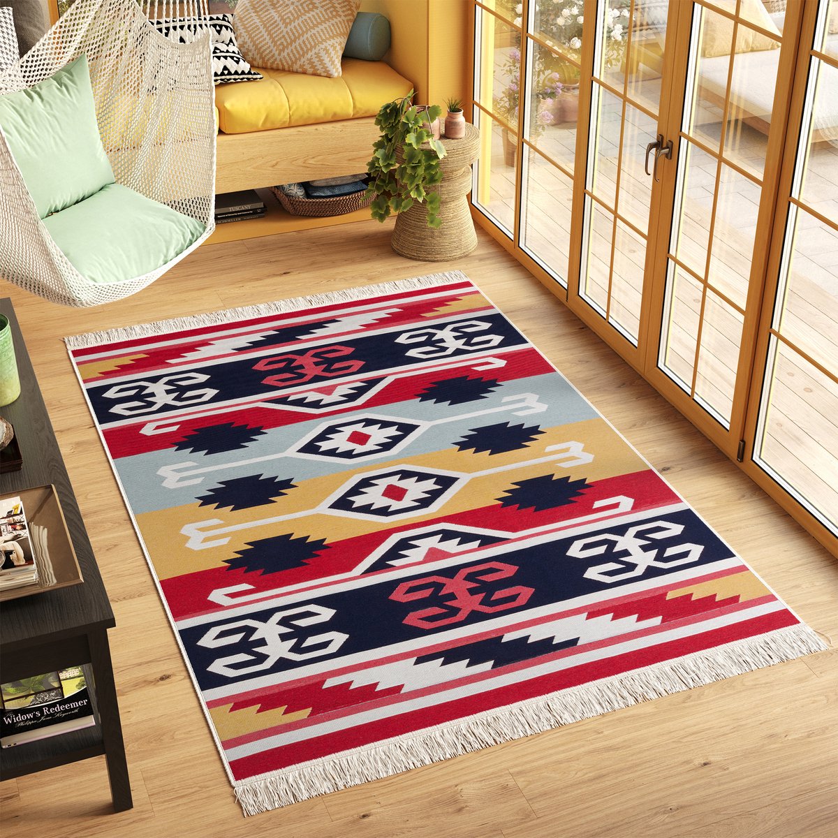 Tapiso Azteca Vloerkleed Katoenen Dubbelzijdig Tapijt Boho Woonkamer Maat- 140x200 Rood Antraciet Geel