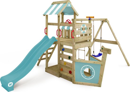 WICKEY équipement de jeu tour de grimpe SeaFlyer avec balançoire & toboggan bleu pastel, tour de grimpe outdoor pour enfants avec bac à sable, échelle & accessoires de jeu pour le jardin