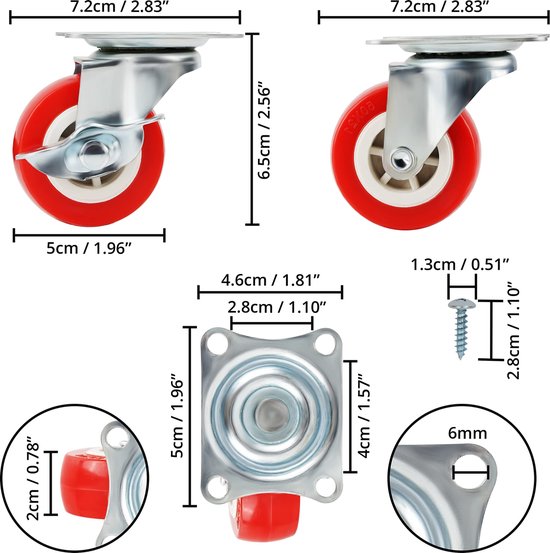 Kurtzy Zware Kwaliteit Zwenkwielen (8 Pak) - 50 mm Zwart Zwenkwielen