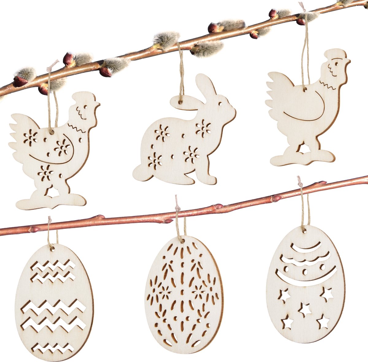 BRUBAKER 24-delig. Decoratieve hangers Pasen - houten hanger ca. 6 cm - paaseieren, hazen en kippen decoratieve hanger - houten decoratie paashanger voor doe-het-zelf knutselen paasfeesten of andere