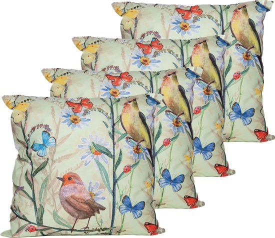 Anna's Collection Sierkussen voor binnen en buiten - 4x - vogels - lichtgroen - 45 x 45 cm - tuinkussen