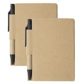 Notitie/opschrijf boekje met balpen - harde kartonnen kaft - beige/zwart - 2x8cm - 80blz gelinieerd - blocnotes