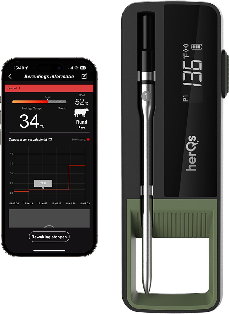 herQs - Single Max - BBQ thermometer – Keuken thermometer, barbecue, digitale, kerntemperatuur, vleesthermometer, Bluetooth, app, draadloos, thermometer - HerQs