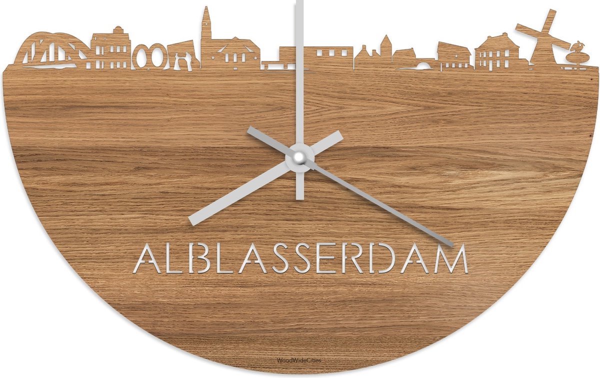 Skyline Klok Alblasserdam Eikenhout - Ø 40 cm - Stil uurwerk - Wanddecoratie - Meer steden beschikbaar - Woonkamer idee - Woondecoratie - City Art - Steden kunst - Cadeau voor hem - Cadeau voor haar - Jubileum - Trouwerij - Housewarming -