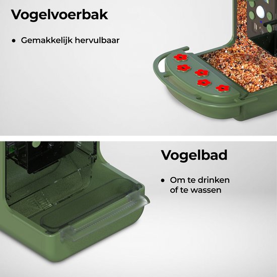 Gedetailleerd overzicht van de groene vogelvoederhuis: vulbare voerbak bovenaan, drinkbak onderaan.