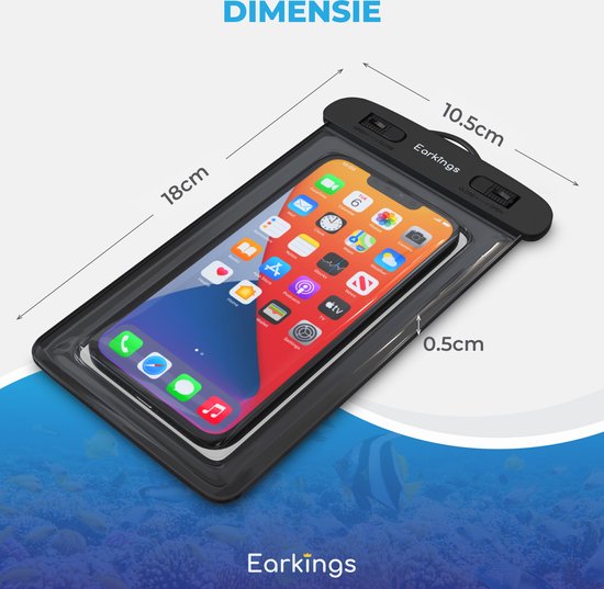 Zwarte waterdichte telefoonhoes met telefoon, met afmetingen aangegeven. Achtergrond onder water.