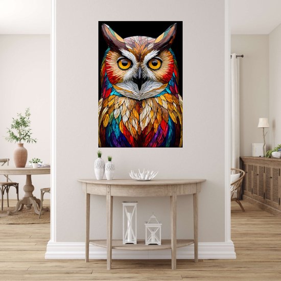 Vitrail Hibou - Peintures sur toile Glas- Peinture oiseau - Décoration murale rurale - Peintures sur toile - Accessoires de bureau - 40 x 60 cm 18mm
