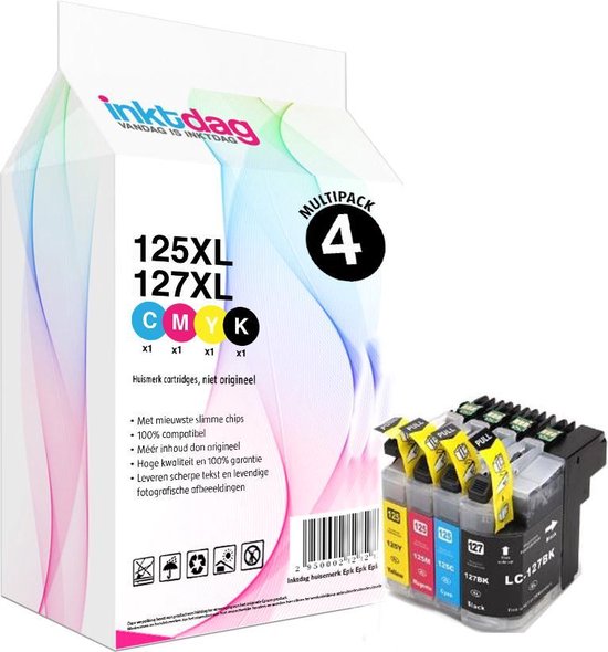 Inktdag inktcartridges voor Brother LC125XL / LC127XL, LC-125/LC-127 multipack van 4 kleuren (1*BK, C, M en Y)