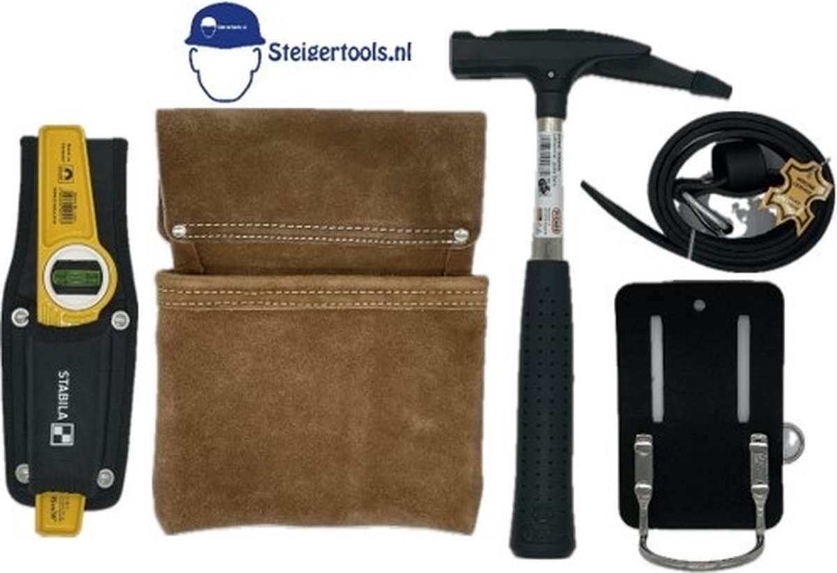 Steigerbouwset / Steigerriem / Gereedschapsriem met Stabila magnetische torpedo waterpas, Picard steigerhamer 600gr. en houders
