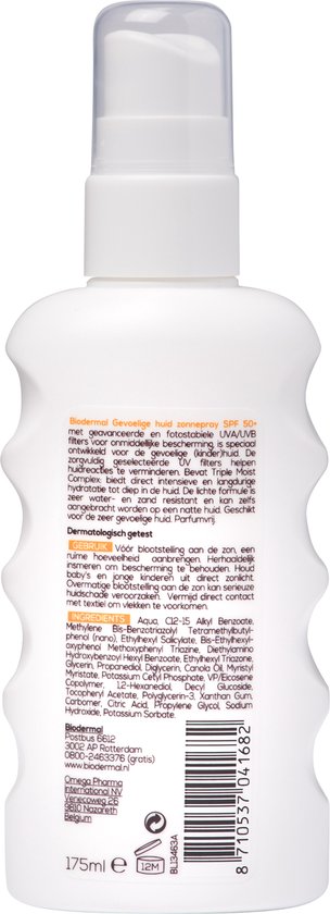 Biodermal Zonnebrand spray voor de gevoelige huid SPF 50+ - Zonnespray - ook geschikt voor kinderen - 175ml - Biodermal