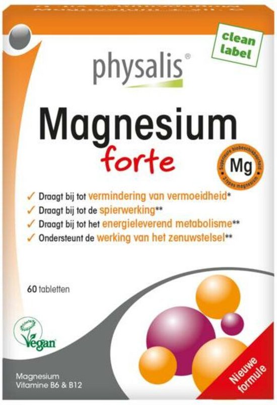 Physalis Magnesium forte: doos met 60 tabletten, vegan, nieuwe formule, met vitamine B6 & B12.