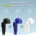 Drie durags in het zwart, blauw en wit, getoond met plus-tekens ertussen. Tekst: '3-PACK DURAGS', 'Premium Kwaliteit Set van 3 Durags'. Iconen met tekst: 'trendy', 'zacht', 'comfort'.
