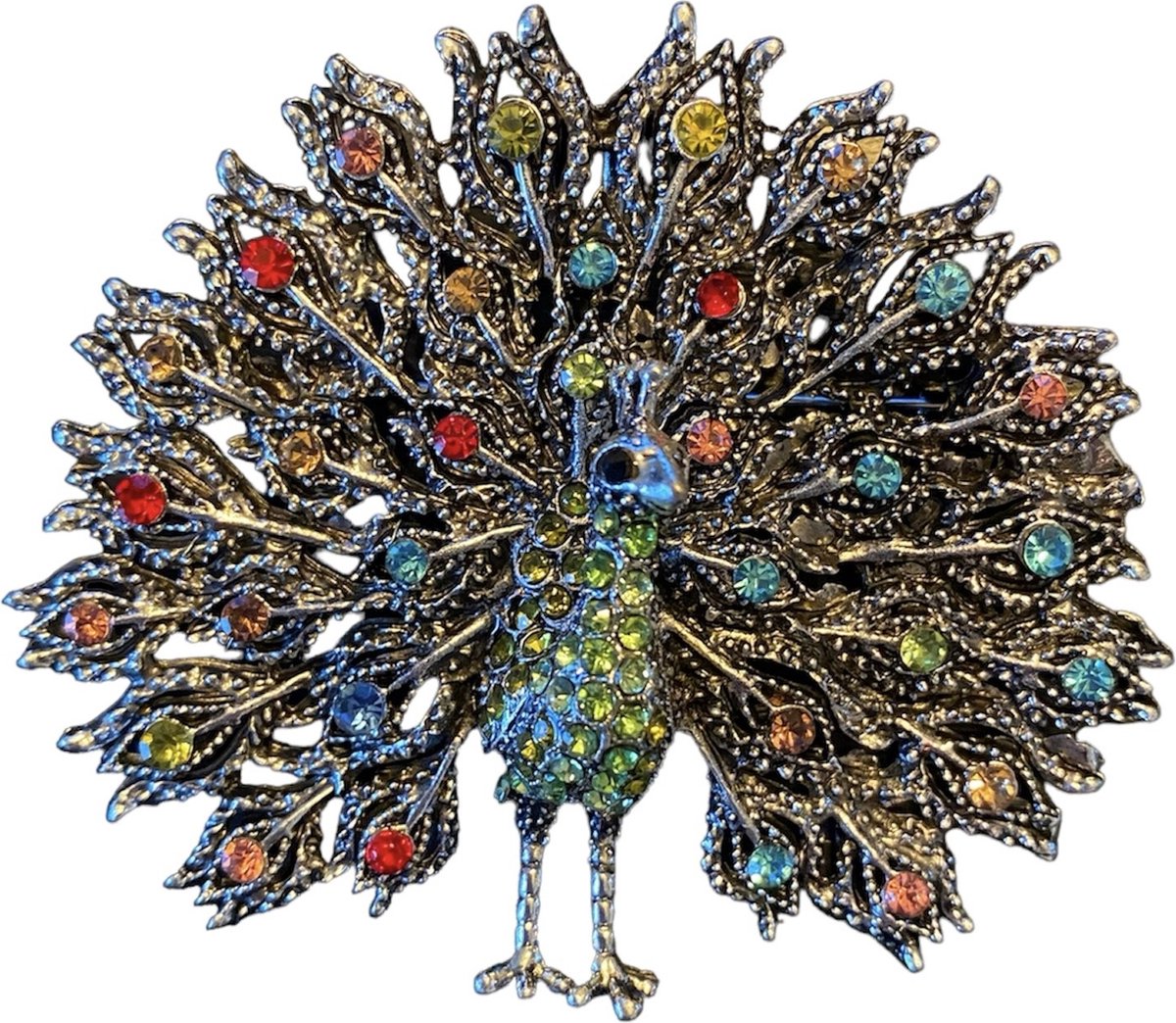Broche Pauw Strass Groen met Div kleuren ( Zilverkleurig ) 7 x 6.2 cm