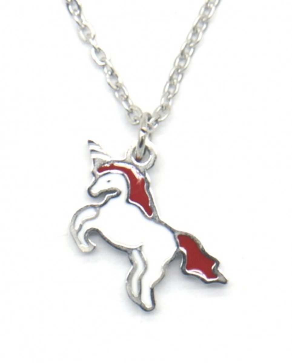 Kinderketting stainless steel: eenhoorn zilverkleur met rood
