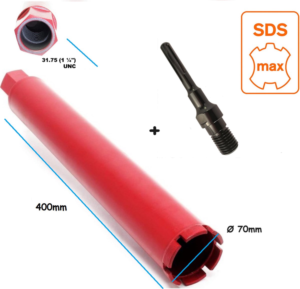 SDS-MAX Adapter + Kernboor diamantboor betonboor 70 x 400 gatenboor diamantboorkroon diamant boor kernboormachine airco boorkroon aansluiting boormachine 1-1/4'' UNC schroefdraad
