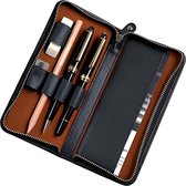 étui pour instruments d'écriture en cuir véritable, étui à crayons noir, étui à stylos environ 17,5 x 8 x 2,5 cm, étui en cuir pour 3 stylos et accessoires, noir