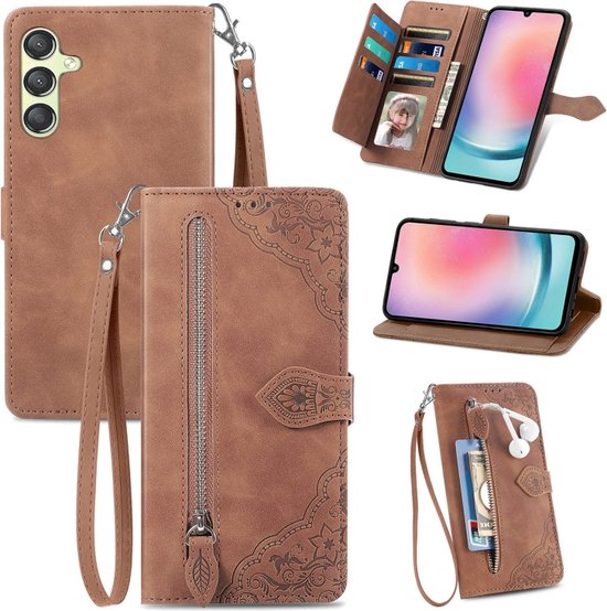 Telefoonhoesje geschikt voor Samsung Galaxy A25 - Portemonnee met rits - book-case hoesje - ruimte voor 7 pasjes - mandala bloemen bruin