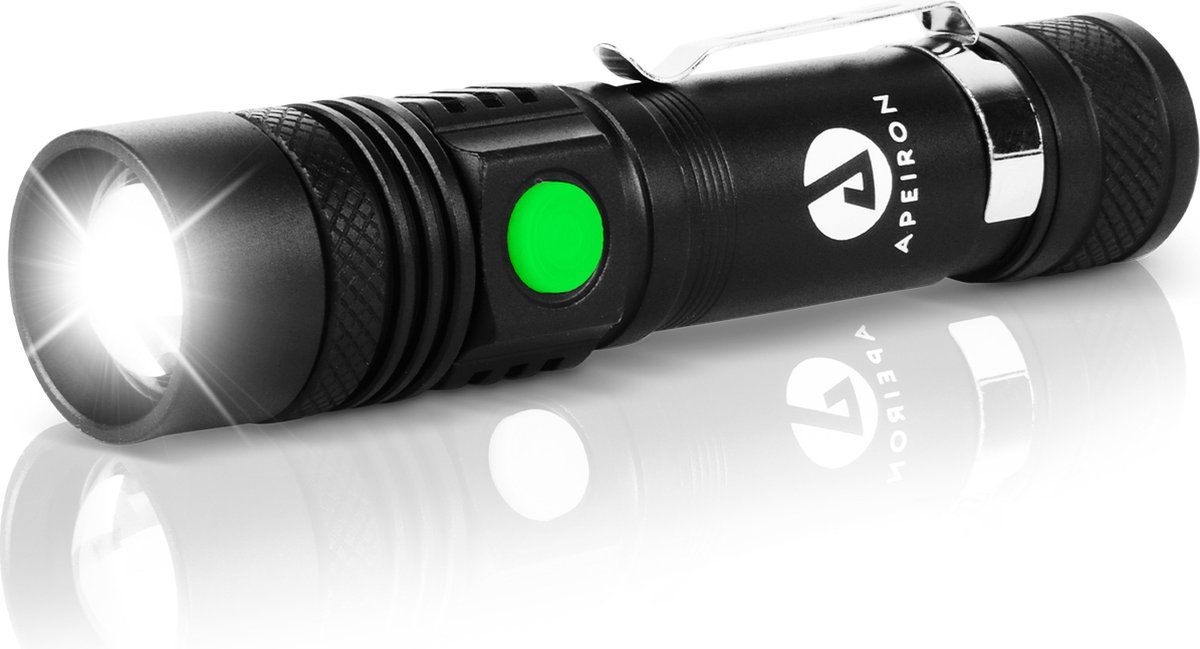 Apeiron LED Zaklamp Met Oplader - Oplaadbaar - Inzoombaar - Licht - Focus - Militaire Zaklamp - Waterdicht - Werkt Op Batterij & USB Oplaadbaar