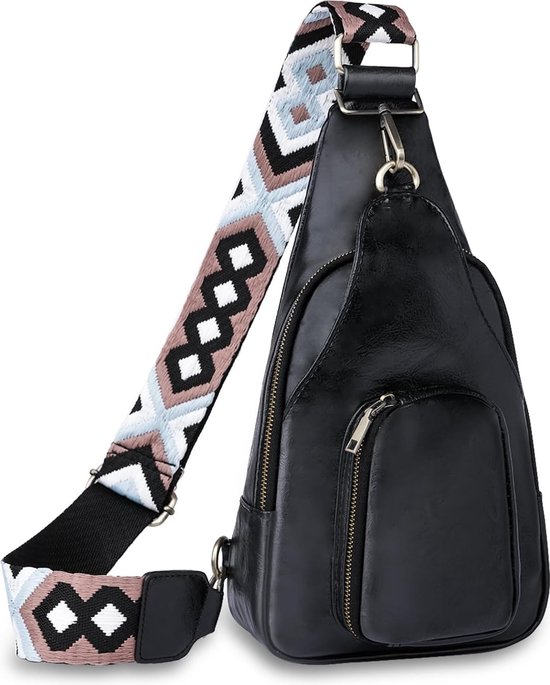 Crossbody Bag met brede riem, kleine schoudertas, borstzak, vintage schoudertas, crossbody tas, brede riem, bodybag voor dames, sling bag, zwart