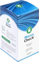 Meno Check menopauzesneltest met blauwe golvende lijnen. De doos toont de tekst 'Deze test is: Zeker: >99%. Vertrouwd: 2 testen om zeker te zijn. Praktisch: op ieder moment uit te voeren. Snel: maximaal 10 minuten per testdag. Hygiënisch: elke testdag een aparte urinebeker.', en '2 Testen voor thuisgebruik'.
