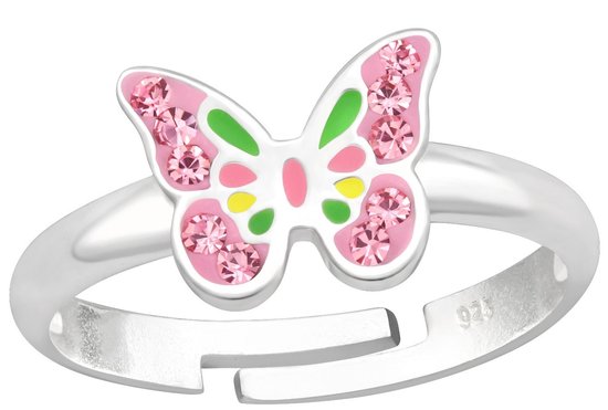 Joy|S - Zilveren vlinder ring - verstelbaar - kristal roze - voor kinderen