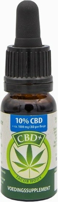 Bruine fles met druppelaar. Label toont 10% CBD, CBD+ logo met hennepplant, JACOB HOOY, VOEDINGSSUPPLEMENT.