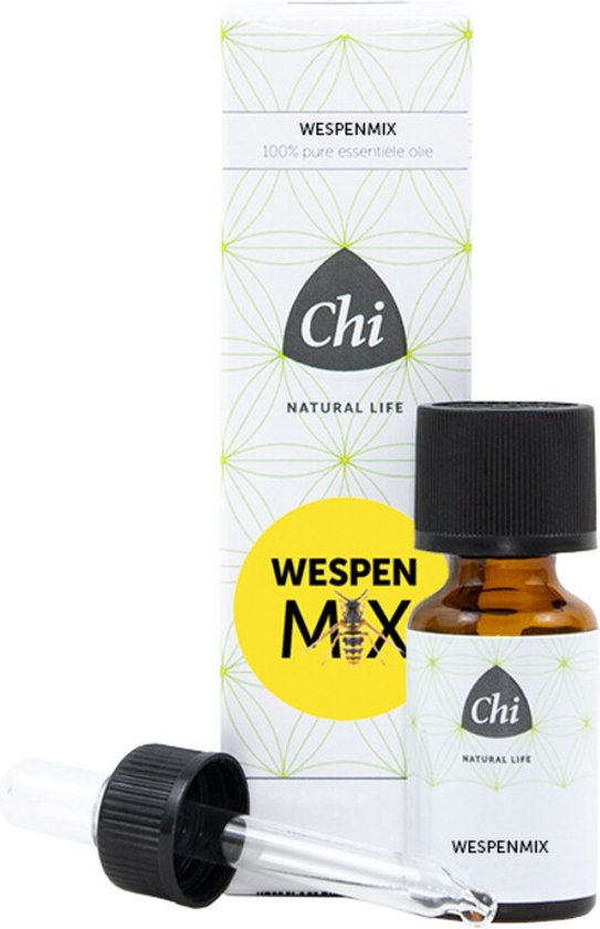 Chi Wespenmix etherische olie met een flesje, pipet en verpakking met bijenlogo.