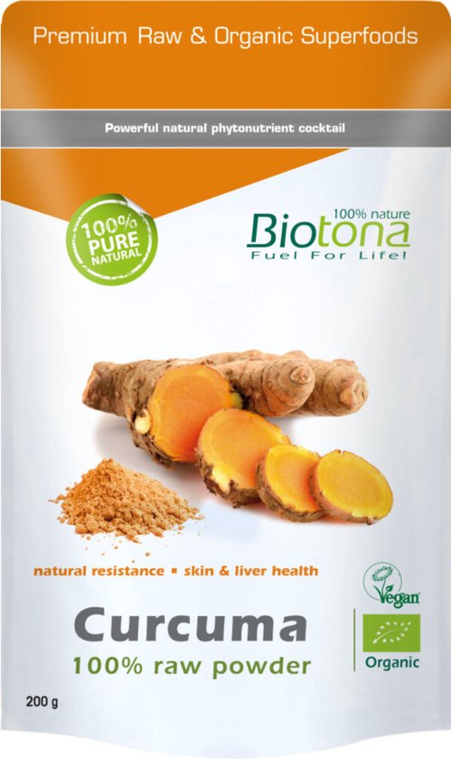 Verpakking met Biotona curcumapoeder, met verse curcumawortel en poeder.