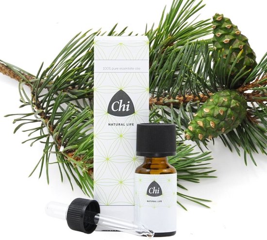 Chi 100% pure etherische olie met dennentakken en dennenappels. Bruine fles met druppelaar en verpakking.