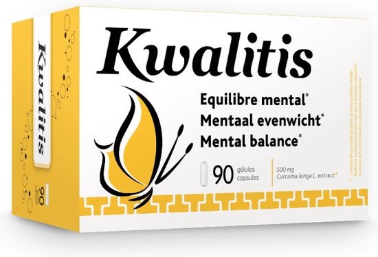 Gele en witte Kwalitis doos met 90 capsules, "Mentaal evenwicht" en een gele vlinder.