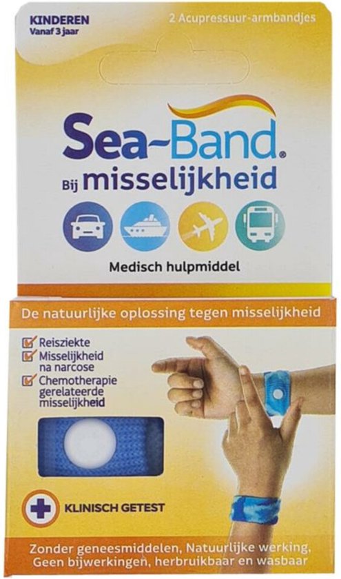 Blauwe Sea-Band acupressuur-armbandjes voor kinderen, met witte knop.
