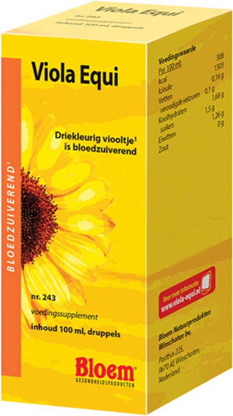 Gele doos van Viola Equi met zonnebloemafbeelding en voedingswaarde.