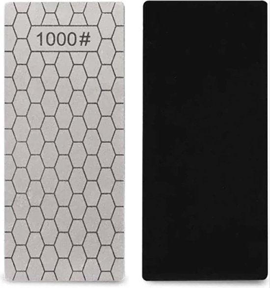 Twee compacte slijpstenen; één met honingraatpatroon en '1000#' markering, de andere effen zwart.