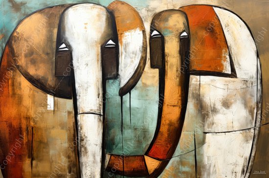 JJ-Art (Canvas) 90x60 | Olifanten, abstract surrealisme, Picasso stijl, kunst | dier, olifant, Afrika, blauw, bruin, brons, wit, modern | Foto-Schilderij canvas print (wanddecoratie)